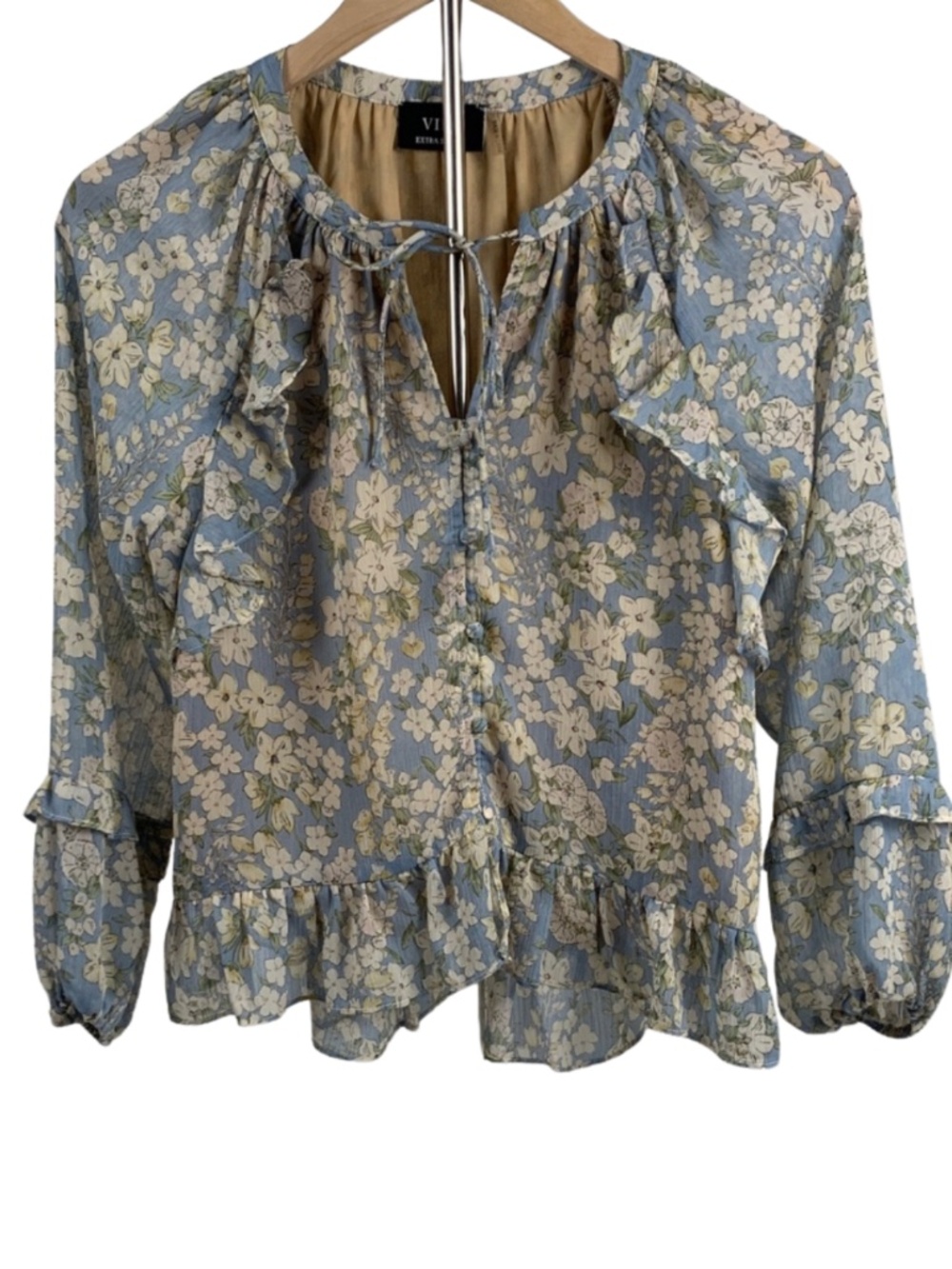 VICI Coquette Peasant Blue Cream Floral Poly Balloon Sleeves Blouse Boho XS Fall